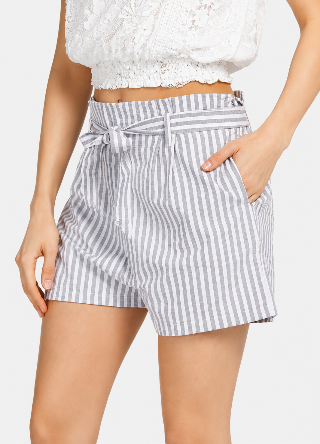 Women's Casual Striped Ruffle Trim Lace Up Shorts with Belt  Summer Dual Pocket Shorts