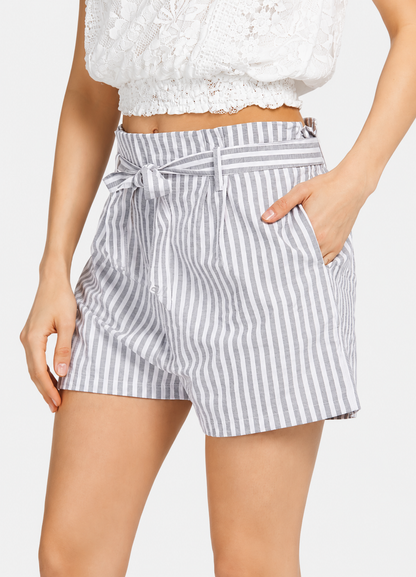 Women's Casual Striped Ruffle Trim Lace Up Shorts with Belt  Summer Dual Pocket Shorts
