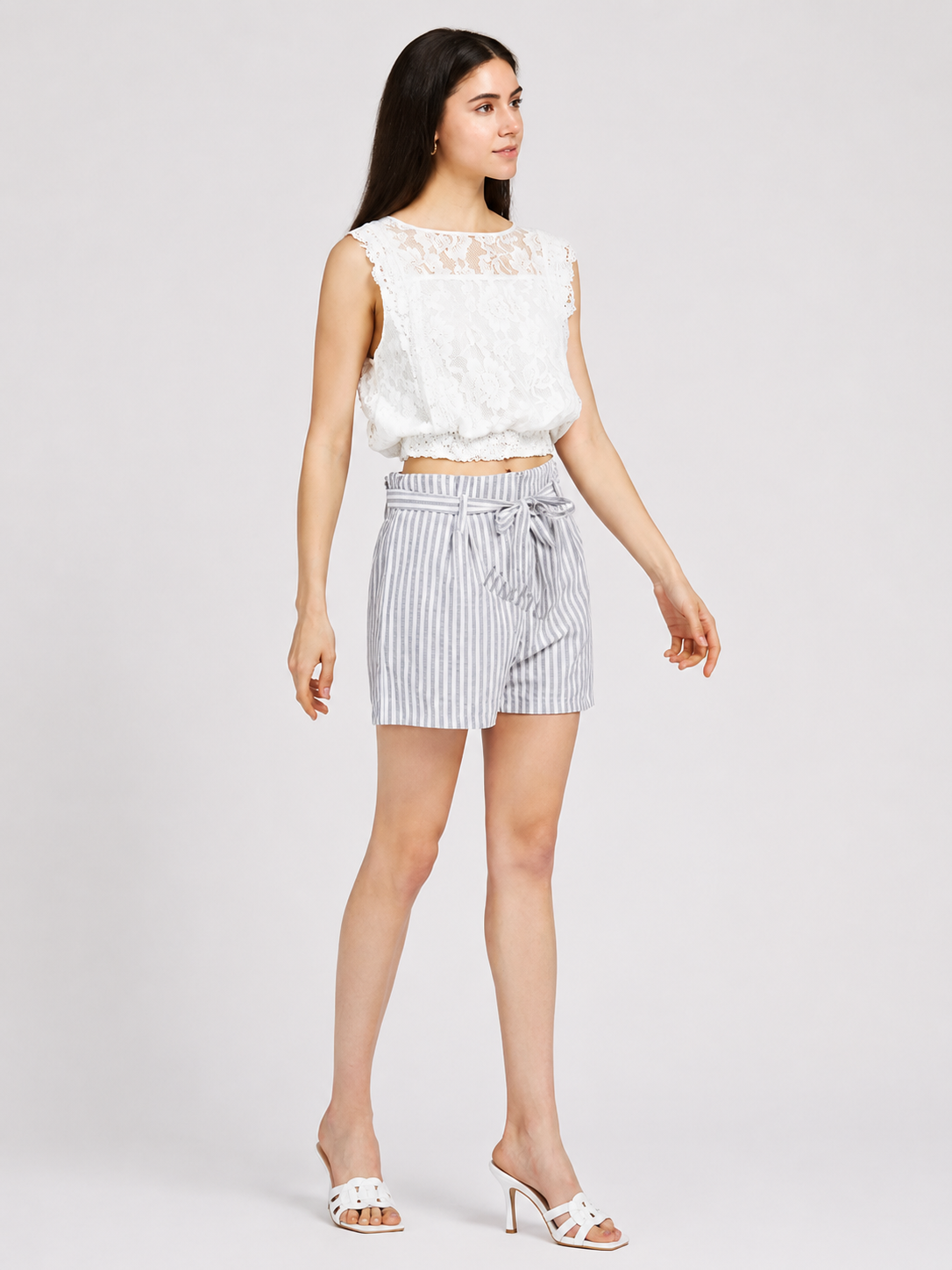 Women's Casual Striped Ruffle Trim Lace Up Shorts with Belt  Summer Dual Pocket Shorts