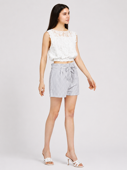 Women's Casual Striped Ruffle Trim Lace Up Shorts with Belt  Summer Dual Pocket Shorts